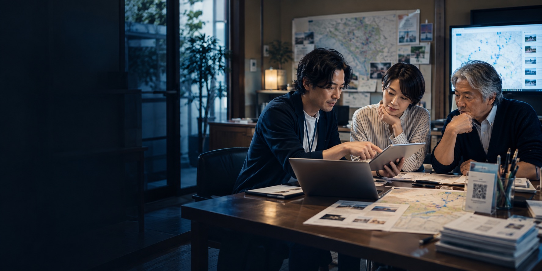 地域の運営メンバーがタブレットを見ながら業務を整理している様子