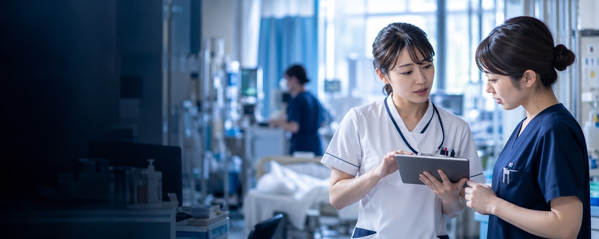 看護師がタブレットで業務を確認しながら連携している様子